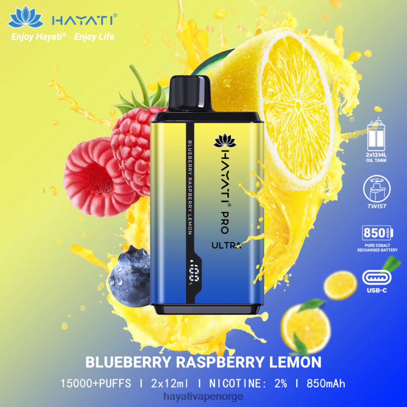 Hayati Pro Ultra engangs 15000 puff HB4400197 blåbær bringebær sitron Hayati flavours norge