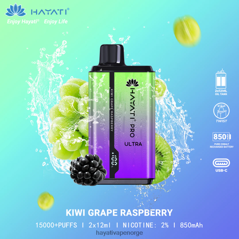 Hayati Pro Ultra engangs 15000 puff HB4400202 kiwi-drue bringebær Hayati oslo