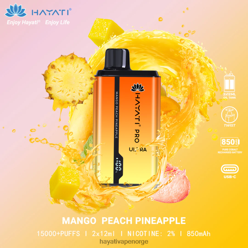 Hayati Pro Ultra engangs 15000 puff HB4400204 mango fersken ananas Hayati vape flavours