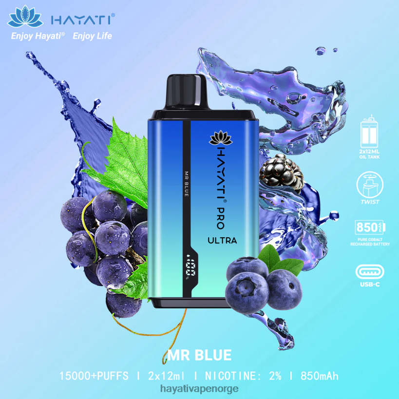 Hayati Pro Ultra engangs 15000 puff HB4400207 mr blå Hayati flavours norge