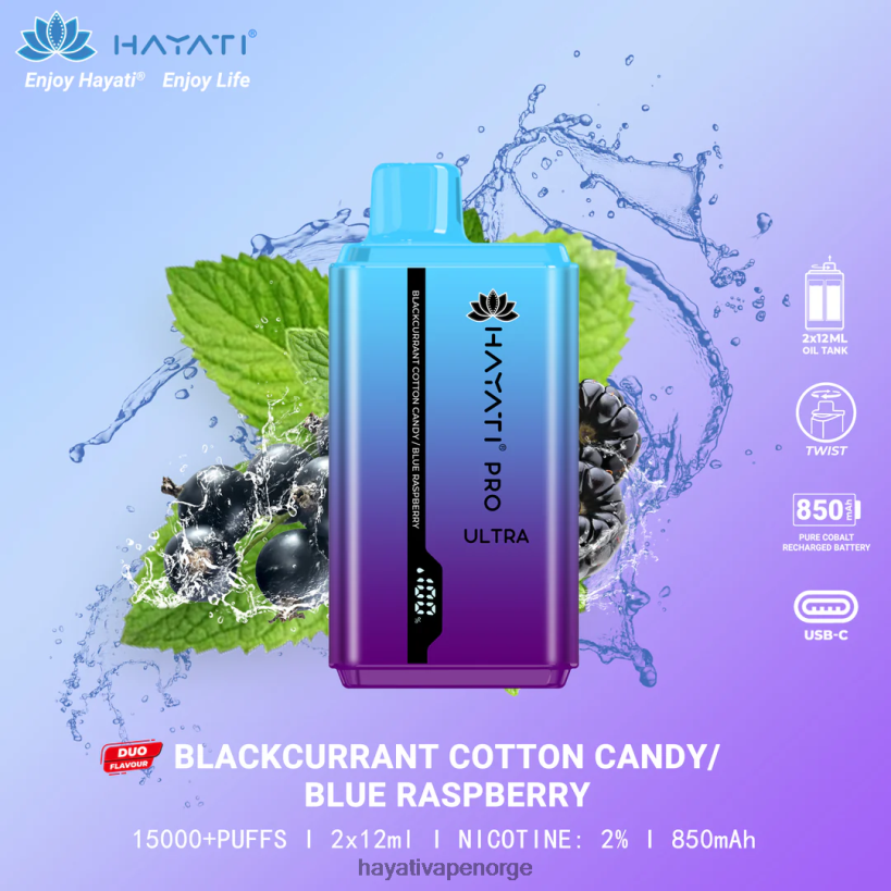 Hayati Pro Ultra engangs 15000 puff HB4400216 solbær sukkerspinn/blå bringebær Hayati vape review