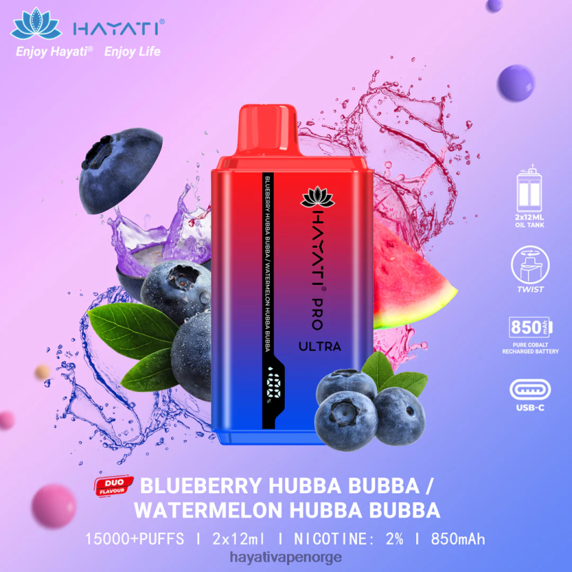 Hayati Pro Ultra engangs 15000 puff HB4400217 blåbær hubba bubba/vannmelon hubba bubba Hayati flavours norge