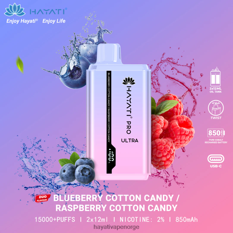 Hayati Pro Ultra engangs 15000 puff HB4400220 blåbær sukkerspinn/bringebær sukkerspinn Hayati vape shop