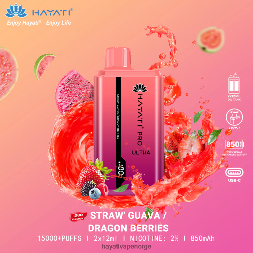 Hayati Pro Ultra engangs 15000 puff HB4400224 jordbærguava/dragebær Hayati vape flavours