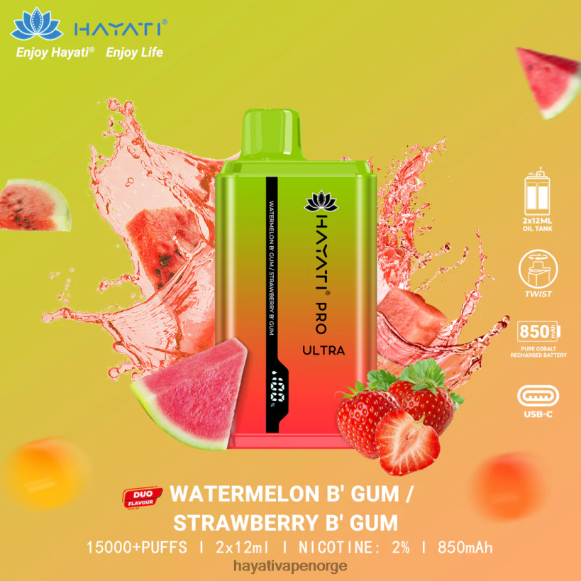 Hayati Pro Ultra engangs 15000 puff HB4400227 vannmelon tyggegummi/jordbær tyggegummi Hayati flavours norge
