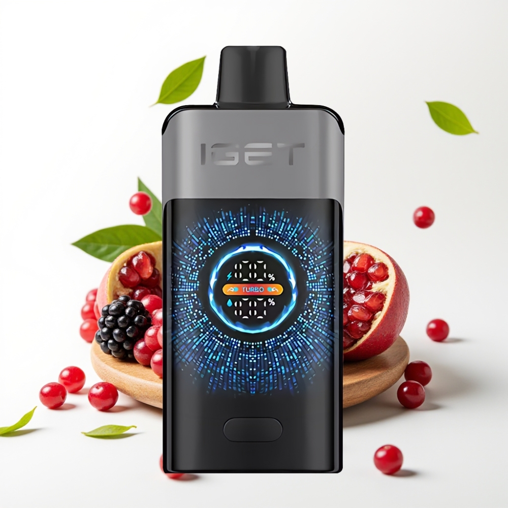 IGET ONE 12000 Puffs 2700 mAh Stor Bøyd Fargeskjerm Bringebær Kirsebær Granateple