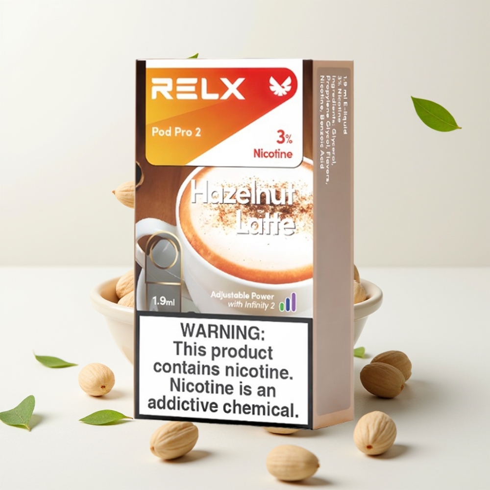 RELX Pod Pro 2 600 puffs 3% nikotin 1.9ml 3 spenningsmoduser Hasselnøtt Latte