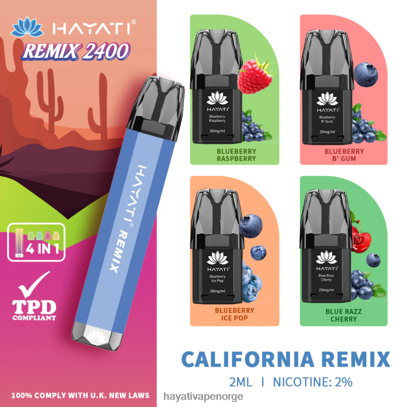 Hayati Remix forhåndsfylt pod system 2400 puffs HB440051 california remix Hayati norge