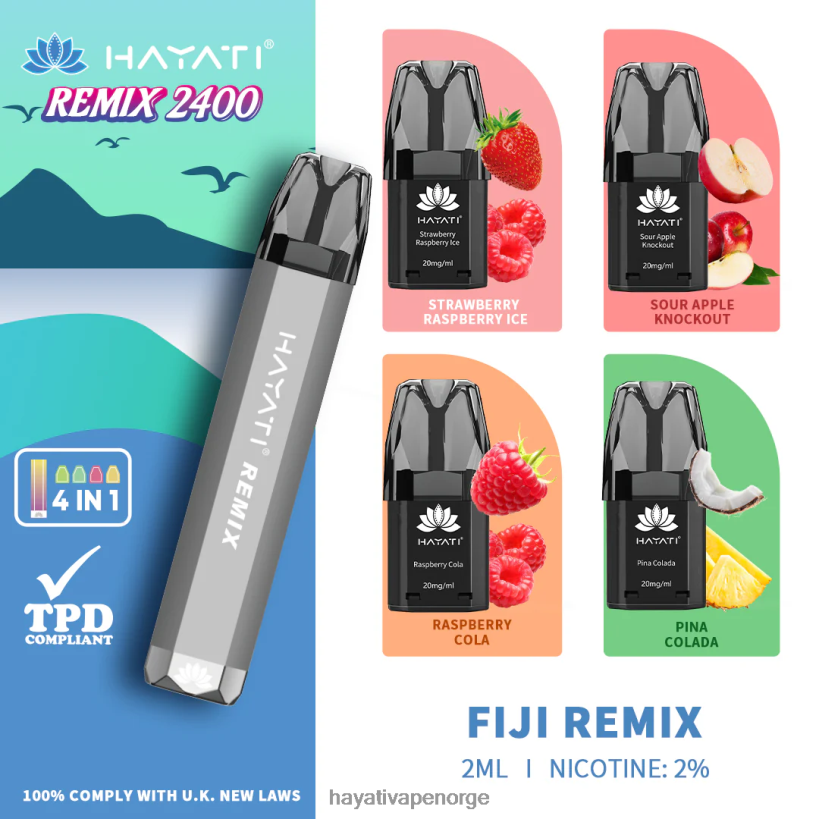 Hayati Remix forhåndsfylt pod system 2400 puffs HB440053 fiji remiks Hayati vape norge