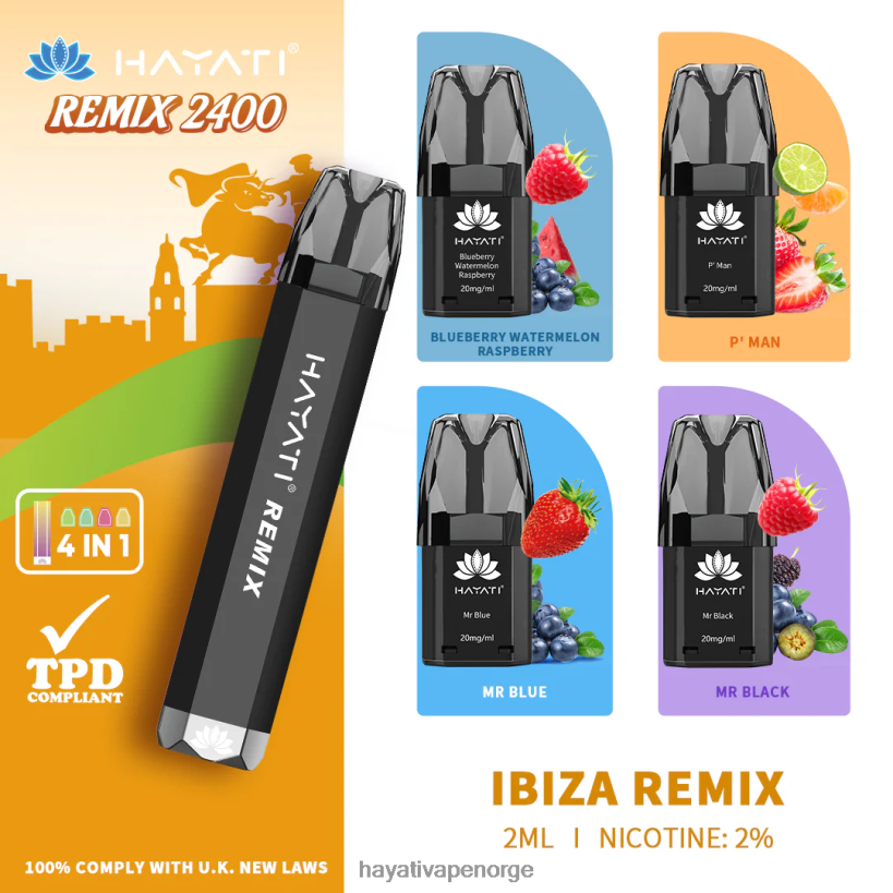 Hayati Remix forhåndsfylt pod system 2400 puffs HB440055 ibiza remix Hayati vape near me