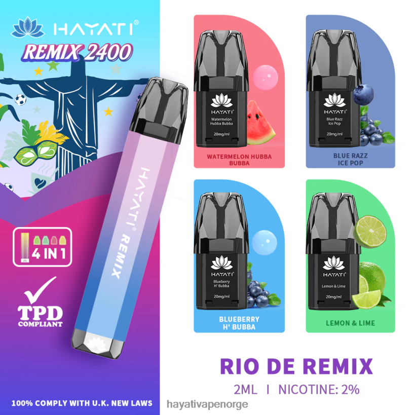 Hayati Remix forhåndsfylt pod system 2400 puffs HB440057 rio de remix Hayati flavours norge